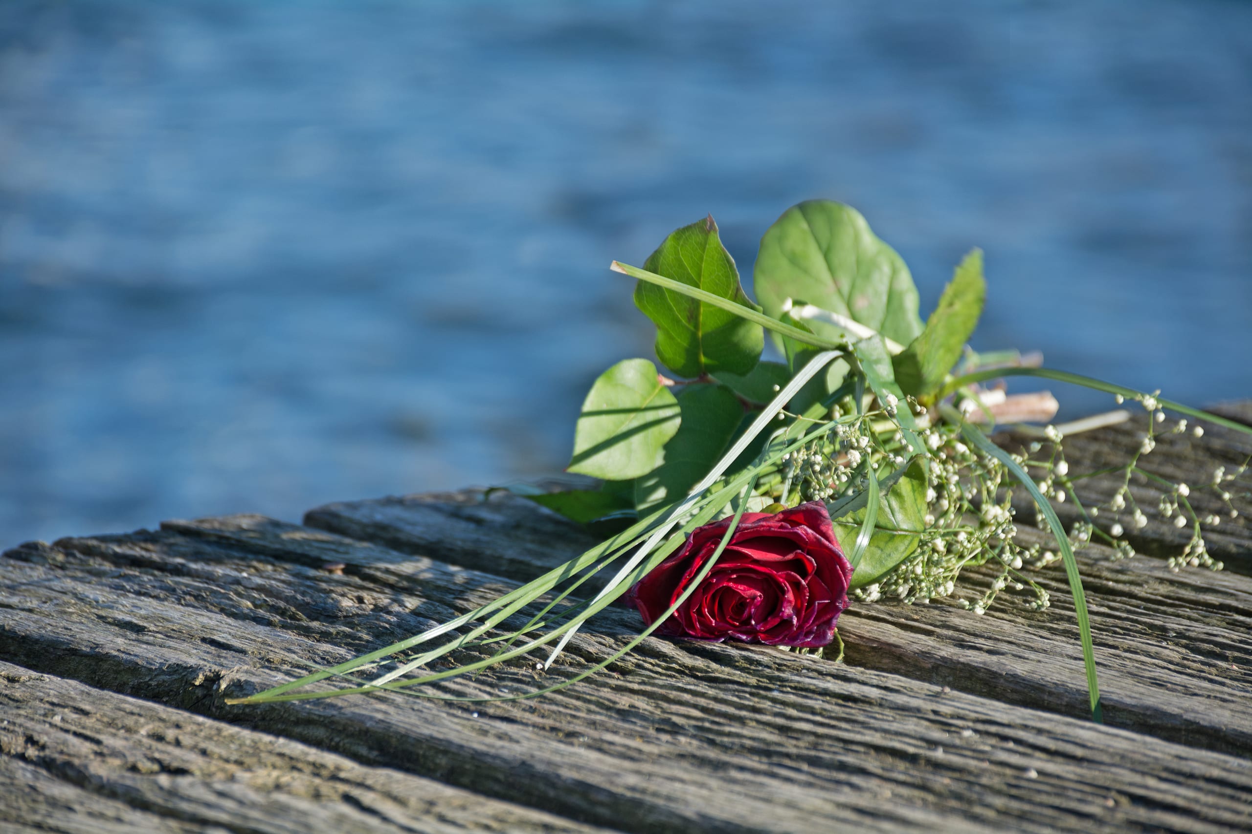 Buquê de flores em píer próximo ao mar, simbolizando luto e pensão por morte