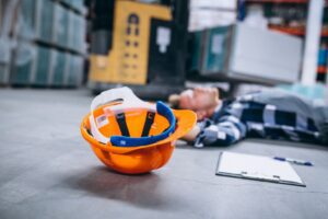 Homem caído com capacete ao lado