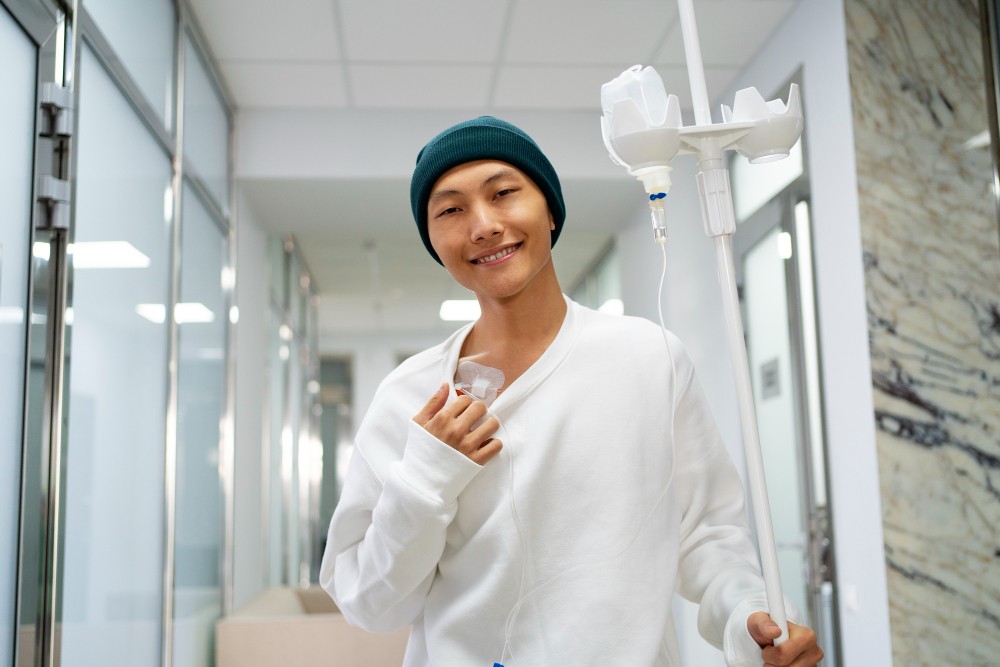 Homem em leito de hospital sorrindo para foto