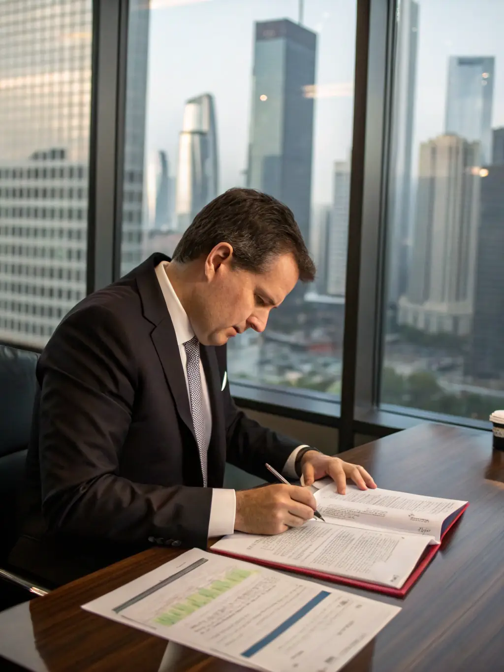 A professional senior man in a suit, sitting at his desk, reviewing retirement documents with a magnifying glass, symbolizing retirement planning.