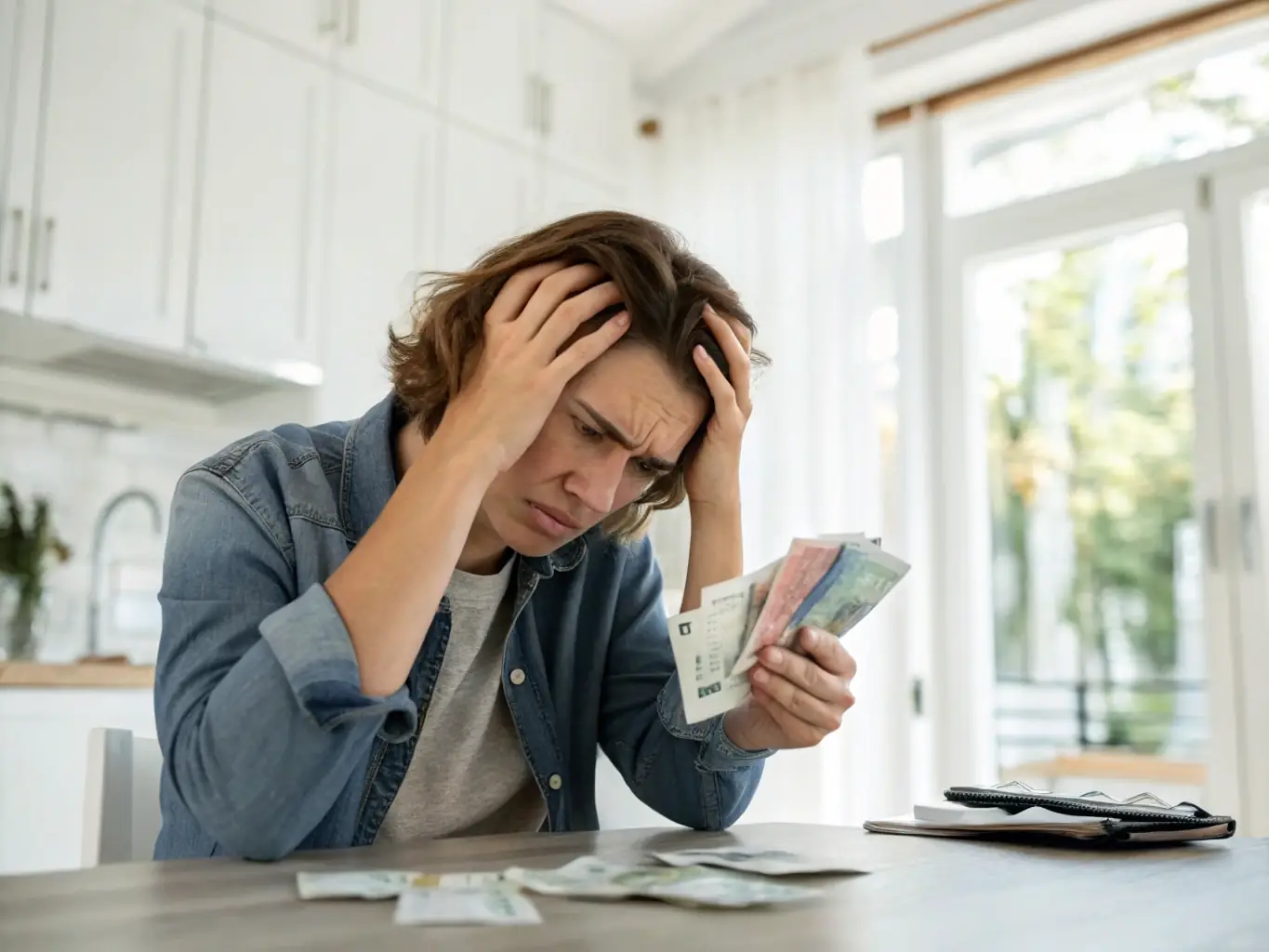 Image illustrating a person paying bills with a sad expression, symbolizing the financial strain caused by inadequate retirement planning.
