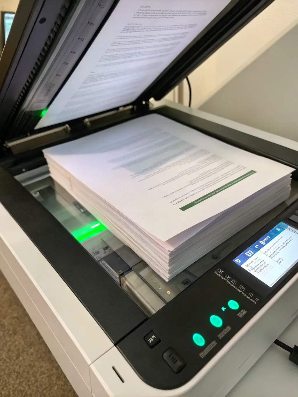 A scanner digitizing a stack of documents, with a focus on the intelligent processing and organization of files for CMP Prev's legal services.