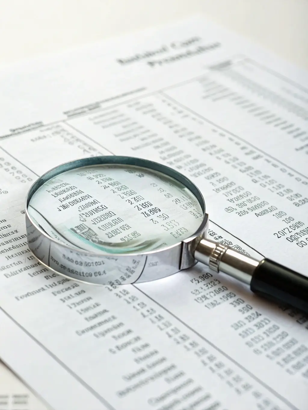 A magnifying glass over a document with charts and graphs, symbolizing CMP Prev's fast and accurate technical analysis for social security claims.