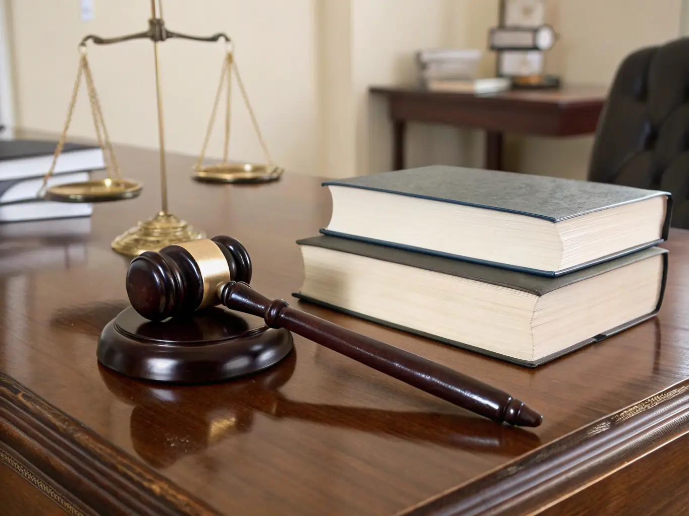 An image of a gavel resting on a stack of legal books, with the Brazilian flag subtly visible in the background, representing legal expertise and commitment to Brazilian citizens.