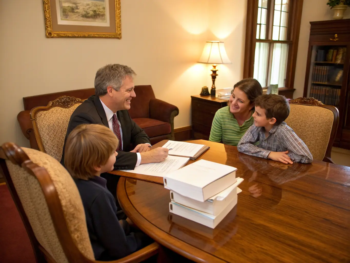 An image showing a diverse group of people, including seniors, gathered around a table, discussing legal documents with a CMP Previous lawyer, emphasizing personalized service.