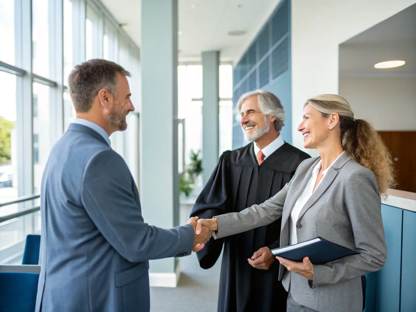 An image depicting a lawyer shaking hands with a smiling senior citizen in a well-lit office, symbolizing trust and partnership in securing retirement rights.